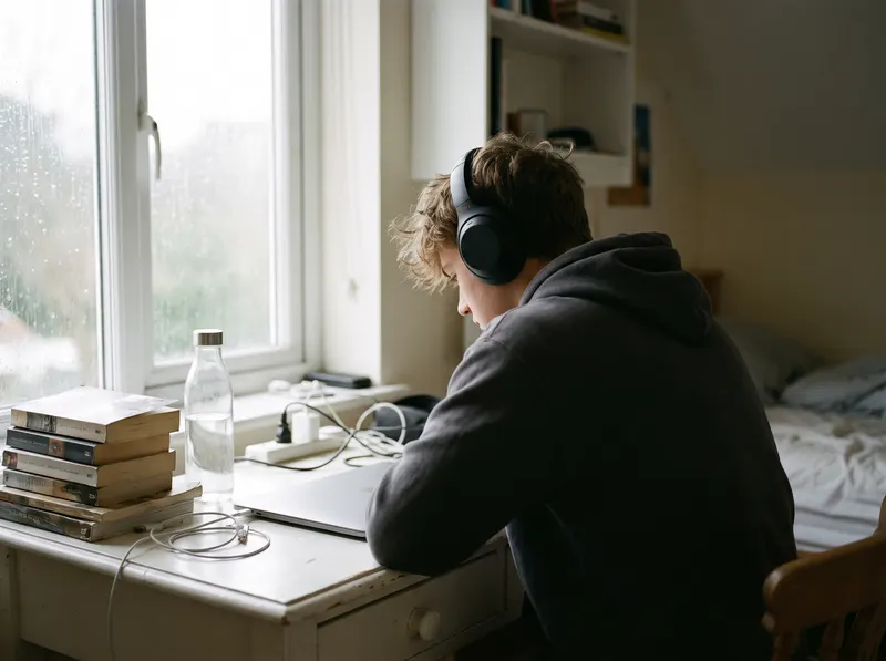 Ung man med hörlurar övar vid skrivbordet hemma